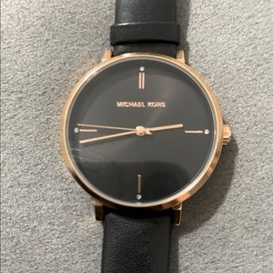 Michael kors watch, rose gold face and black leather band